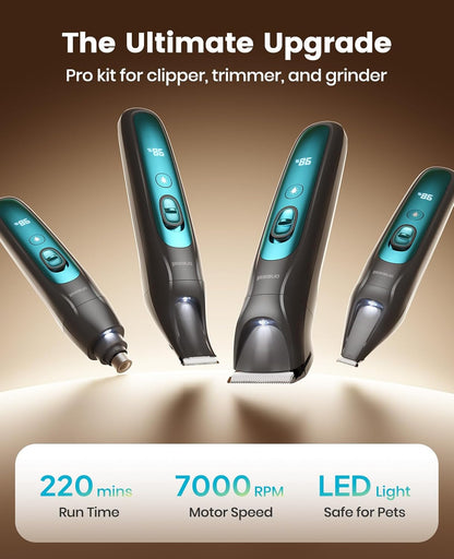 oneisall Professional Dog Grooming Kit at Home: All-in-One Quiet Clippers & Nail Grinder with LED Light, 2000mAh Cordless Dog Shaver, Safe Poodle Grooming Kit for Paws, Face, Ears & Body