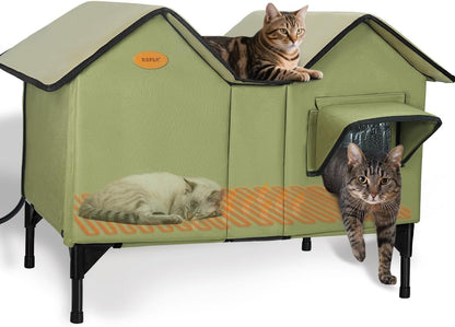 Heated Outdoor Cat House Weatherproof for Winter - Extra Large Heated Cat House for Outside, Elevated Bed, Escape Door, Fully Insulated Feral Cat Shelter for Multiple Cats Small Dogs, Easy Assembly