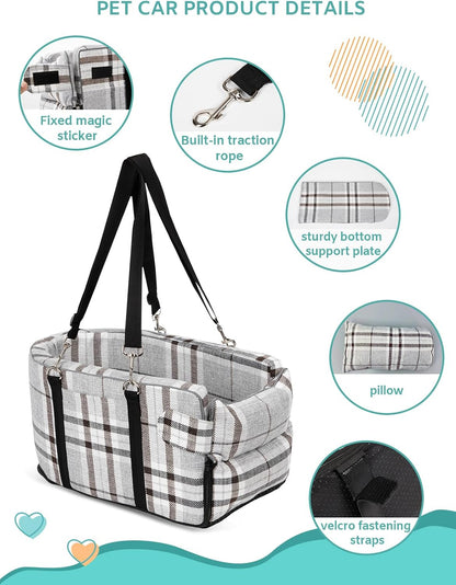 Small Dog Car Seat, Portable Dog Seat with Soft Washable Cushion,Center Console Dog Car Seat for Small Dogs Up to 13lbs(Grid Grey)