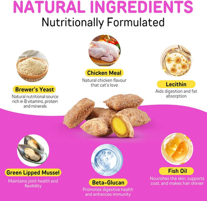 Cat Vitamins Chews, 15 in 1 Cat Multivitamin Treats for Health, Immune, Joint Support, Skin & Coat, & Digestion, Vitamins with Taurine, Omega-3s & Probiotics, Chicken (30 Day Supply)