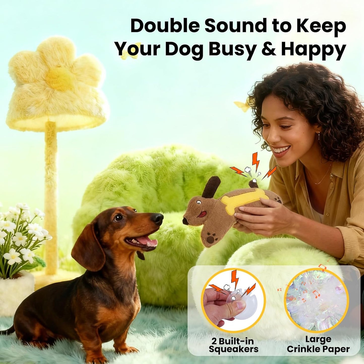 HGB Plush Squeaky Dog Toy- Crinkle Dachshund Puppy Toys for Small Medium Large Breeds, Interactive Stuffed Pet Toy for Teething Chewing Fetch to Keep Them Busy & Anxiety Relief