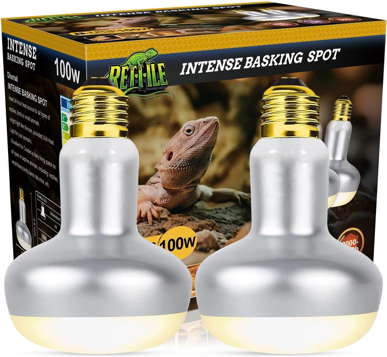 Reptile Heat Lamp 100W, 2 Pack Intense UVA Basking Light Bulbs, Flat-Base Heat Emitter, Heat Lamp Bulb for Reptile Chick
