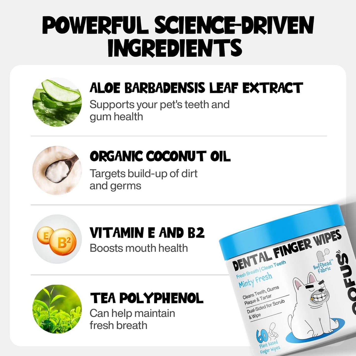 Dog Teeth Cleaning Wipes 60 Packs - Dental Wipes to Reduce Plaque & Tartar for Dogs & Cats - Mint Pet Dental Wipes for Oral Freshness - Dog Tooth Brushing Kit Dental Wipes