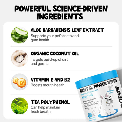 Dog Teeth Cleaning Wipes 60 Packs - Dental Wipes to Reduce Plaque & Tartar for Dogs & Cats - Mint Pet Dental Wipes for Oral Freshness - Dog Tooth Brushing Kit Dental Wipes