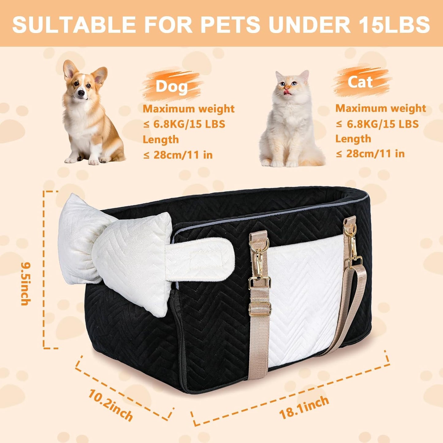 Dog Car Seat for Small Dogs, Portable Center Console Dog Car Seat, Pet Booster Seats with Safety Belt and Soft Cushion, Pet CarSeat for Dogs and Cats Under 15 lbs,Black