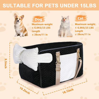 Dog Car Seat for Small Dogs, Portable Center Console Dog Car Seat, Pet Booster Seats with Safety Belt and Soft Cushion, Pet CarSeat for Dogs and Cats Under 15 lbs,Black