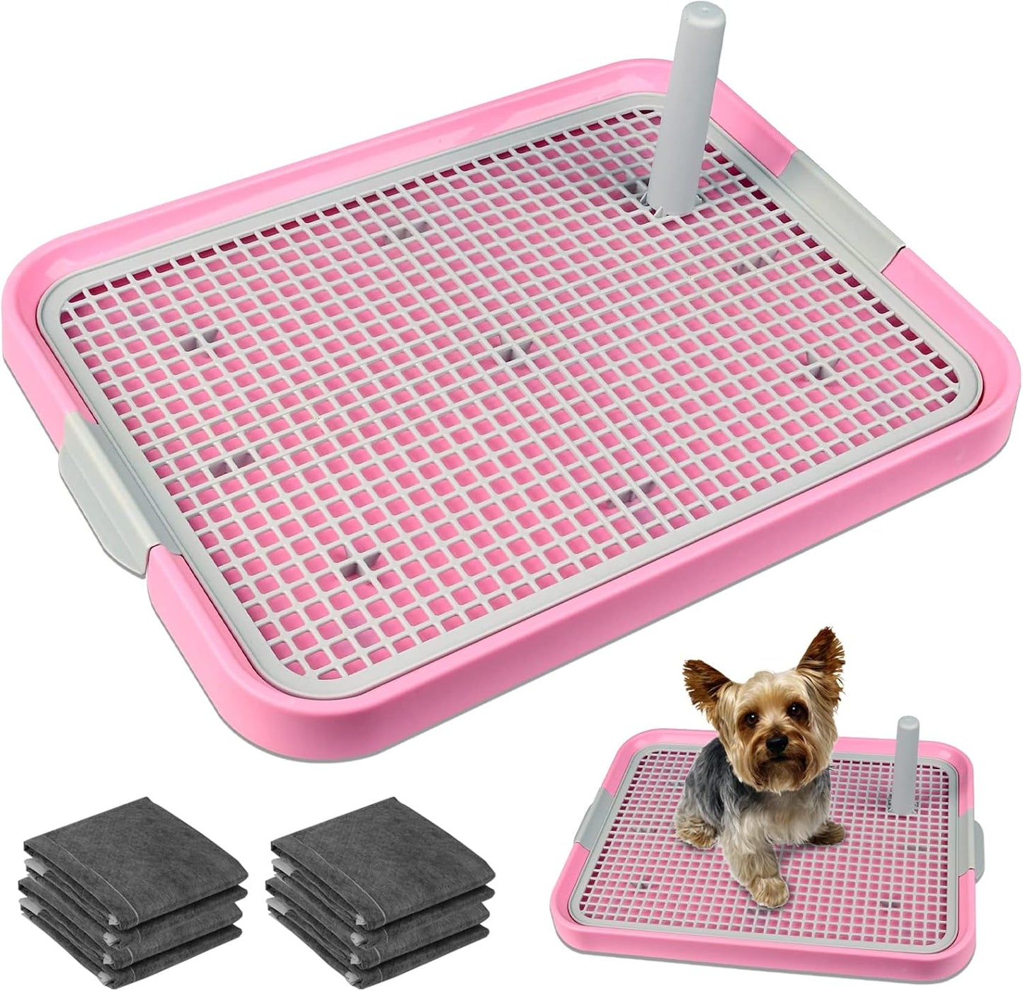 Dog Potty Tray Toilet 20"x14" Doggy Bathroom Dog Litter Box, Indoor Pee Pad Holder with 8pcs Training Pads, Puppy Pee Mesh Potty Training Tray with Secure Latch, Potty Pan for Small Medium Puppies