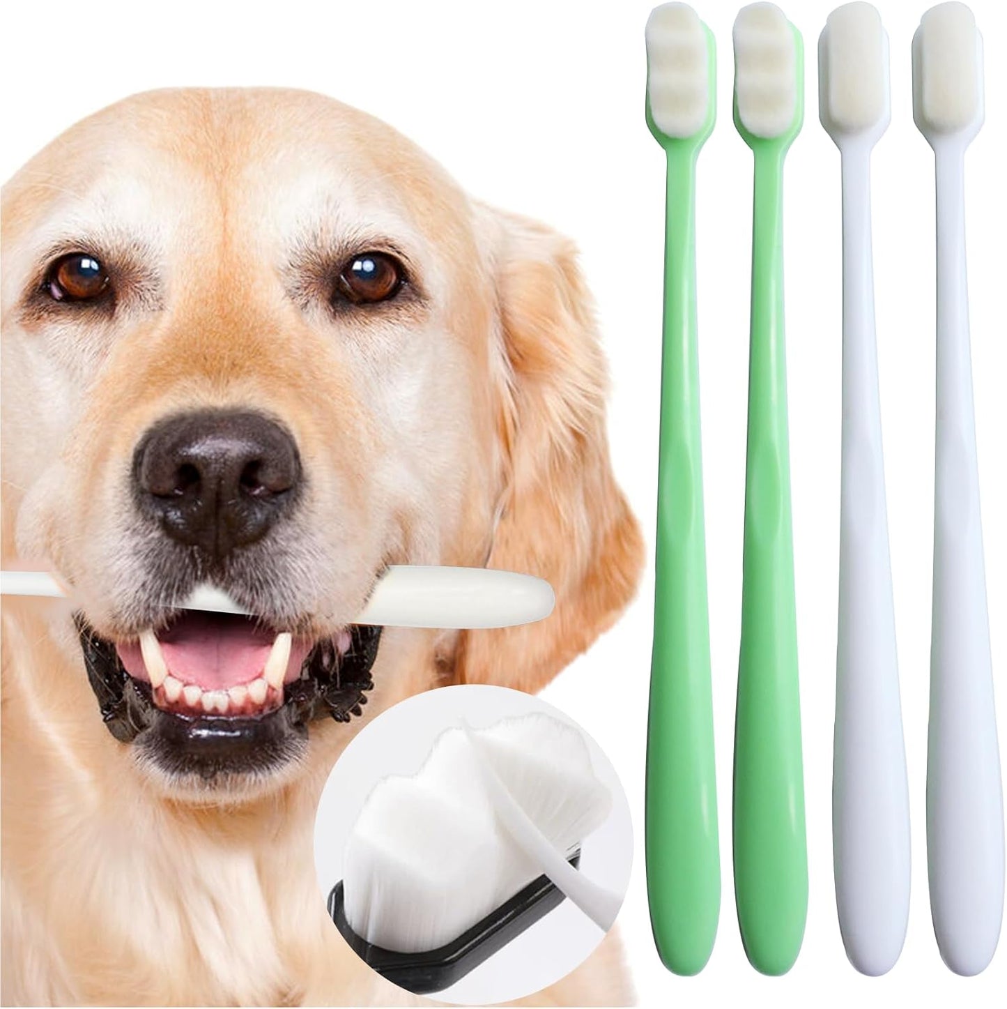 Dog Toothbrush Kit 4 Pack, Ultra Soft Dog Tooth Brush for Medium to Large Dogs & Cats, Pet Tooth Brushing Kit for Easy Dental Cleaning, Soft Bristles, 2 Green Wave Head & 2 White Flat Head