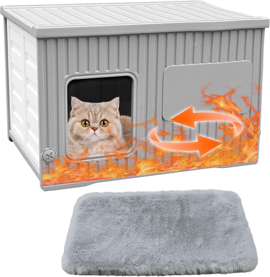 Plastic Cat House Outdoor & Indoor, Feral Cat Houses with Mat, Waterproof Outdoor Cat House for Feral Cats, Outside Cat Shelter for Small Pet, Assemble and Clean Easily