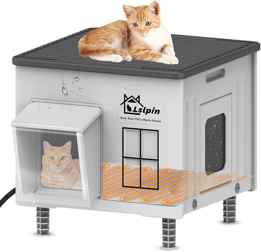 Indestructible Heated Cat House for Outside Cats Winter,Weatherproof & Insulated & Elevated Feral Cat House with Escape Door, Outdoor Indoor Cat Shelter for Stray Barn Cat 17.7×14.9×17.5