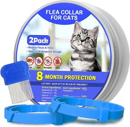 Flea and Tick Collar for Cats 2 Pack, 8-Month Plant-Based Formula with Natural Essential Oils, Waterproof and Comfortable Fit, Comes with Free Comb