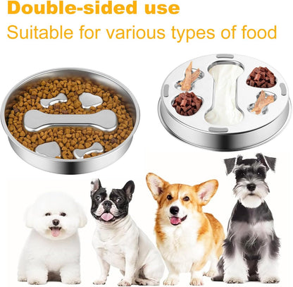 Stainless Steel Slow Feeder Dog Bowls,2 Pcs Slow Food Bowl for Dog & Cat - 2 Cups Capacity,Bone-Shaped Design Pet Food Holder,Metal Non-Slip Lick Plate,Puzzle Maze Dish for Small & Medium Sized Breeds