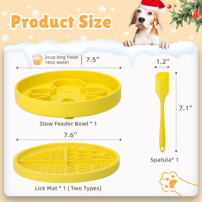 2 in 1 Slow Feeder Dog Bowls with Suction Cups,Silicone Lick Mat for Dogs-DIY Wet Food & Dishwasher Safe, Slow Feeder Bowl for Cats Dog, Lemon, Spatula+UU Bowl+Divided Lick Pad