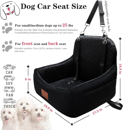 Dog Car Seat for Small Dogs,2 Adjustable Safety Puppies Leashes,Memory Foam with Soft Fabric Pets Travel Car Bed with Non-Slip Bottom,Easily Installed in Front and Back Seats,Removable and Washable.