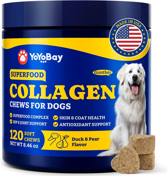 Collagen for Dogs - Collagen Soft Chews for Hip, Joint, Cartilage & Mobility Support, Skin & Coat Supplement for Dogs, with Types I, II & III Collagen and Superfood - 120 Count, Duck & Pear Flavor