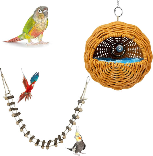 BNOSDM Wooden Long Bird Ladders and Brown Rattan Bird Nest for Parrot