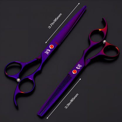 7.0 inch Dog Grooming Scissors, Professional 4-Piece Pet Shears Set with Thinning Shears, Straight & Curved Scissors, Storage Bag for Pet Dogs Cats Hair Cutting, Quiet Design (Purple)