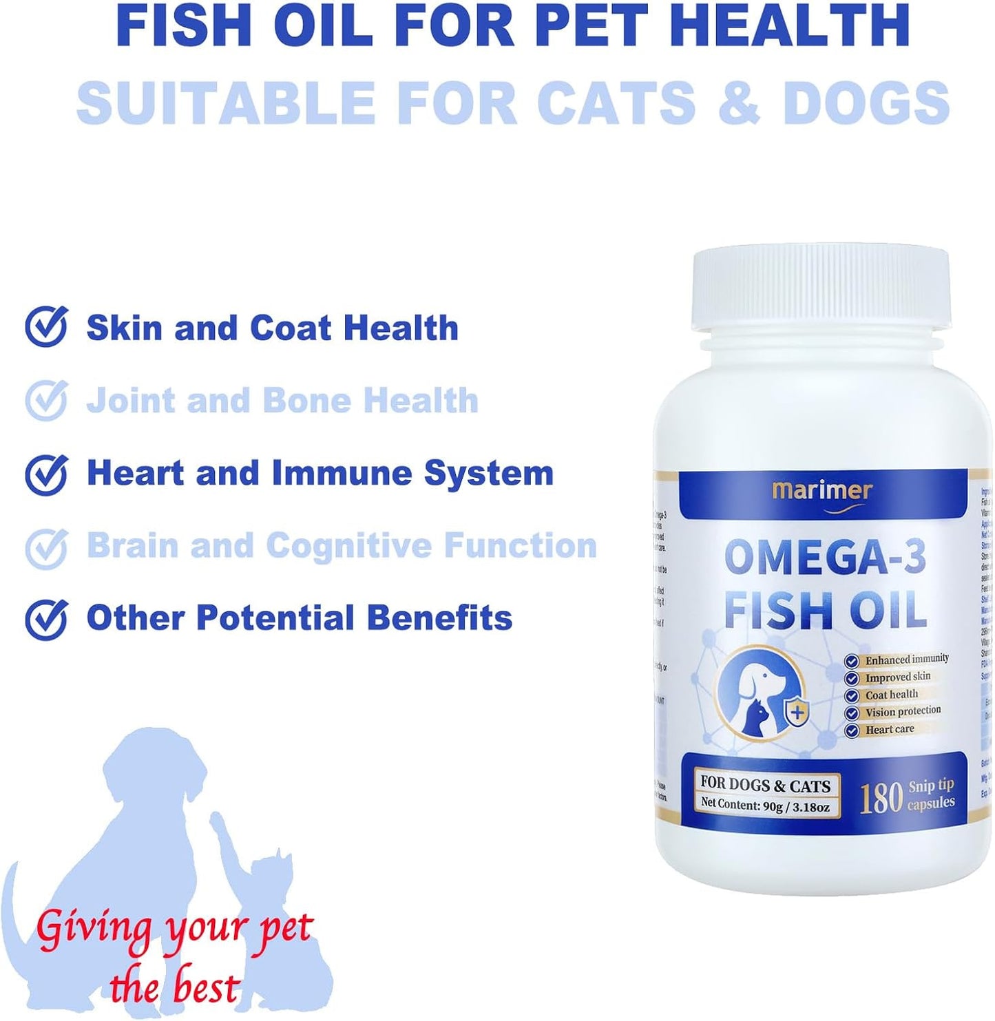 Snip Tips Omega-3 Fish Oil Liquid Supplement for Cats and Dogs, 180 Soft Gels with EPA & DHA & Vitamin E - Promotes Heart, Skin, Coat, Joint, & Immune Health for Pets