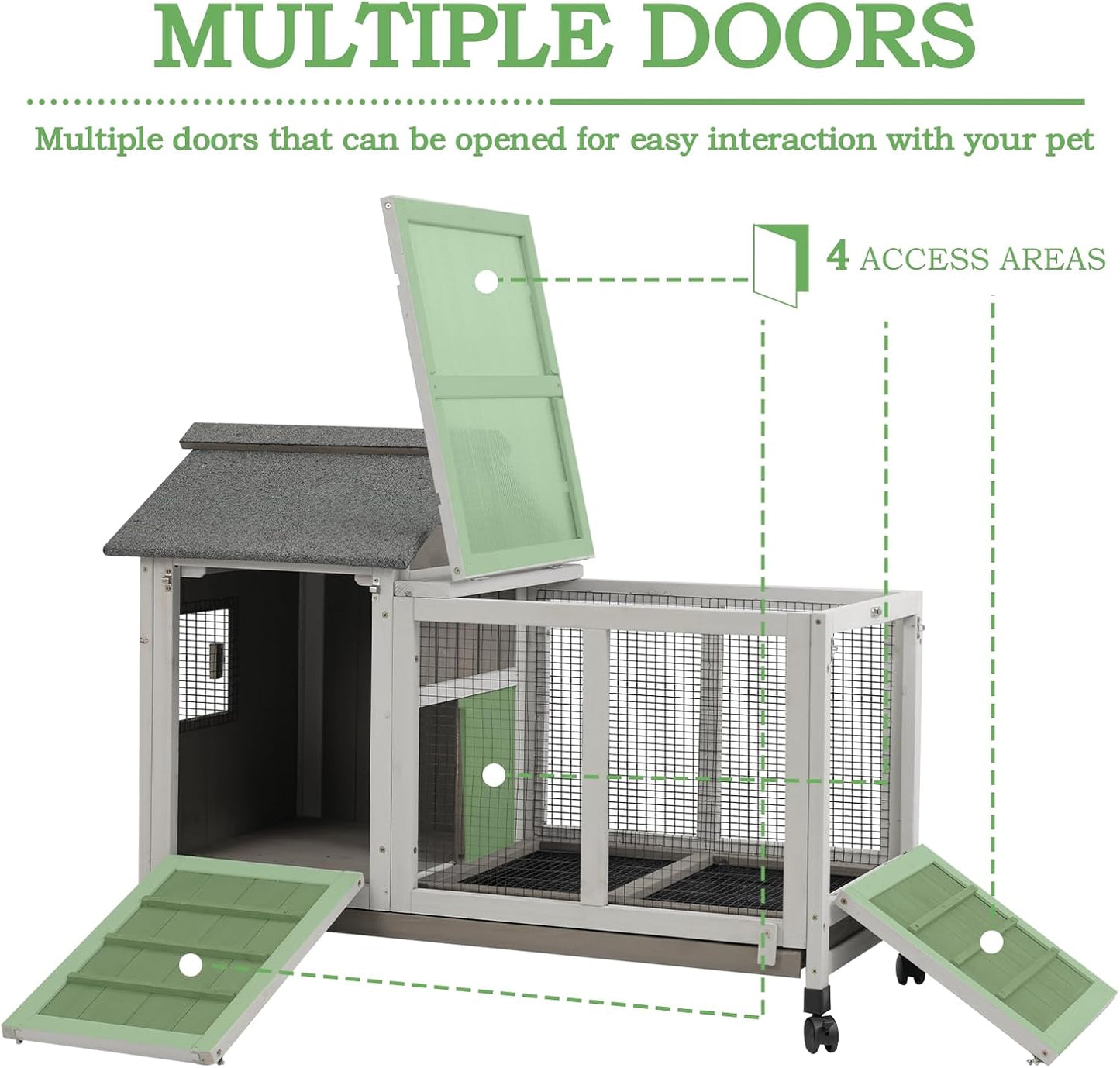 38.19"L Rabbit Hutch Indoor and Outdoor with 4 Wheels,Wooden Rabbit Cage with Pull Out Leak-Proof Tray for 1-2 Rabbits,Bunny Hutch with Asphalt Roof Suitable for Garden,Park,Living Room,Grey