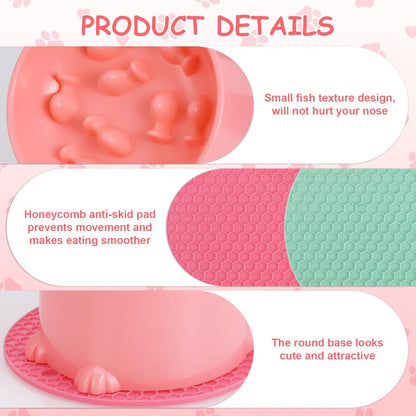 2 Pcs Raised Slow Feeder Cat Bowl, Plastic Elevated Cat Slow Feeder Bowl with Anti-Skid Mat, Raised Slow Cat Feeder for Dry and Wet Food (Green＆Pink)