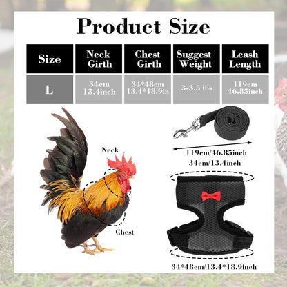 Chicken Harness with Leash Set, Upgraded Double Adjustable Mesh Breathable Chicken Training Harness, Pets Leash for 3-4 Lb Hens Duck Goose Small Pets Training Walking Supplies (Black)