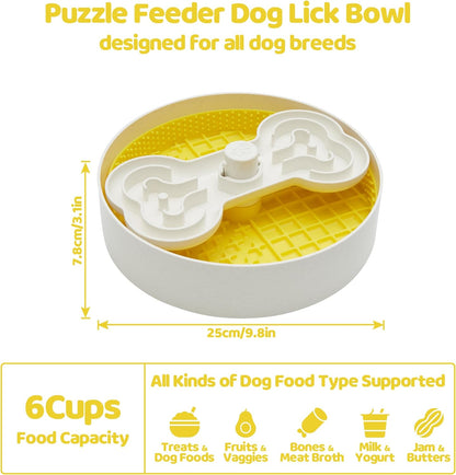 Puzzle Feeder Slow Feeder Dog Bowl with Lick Mat and Puzzle Inserts - Non-Slip Base, Adjustable Speed Design, Dishwasher Safe for Large Dogs,Yellow