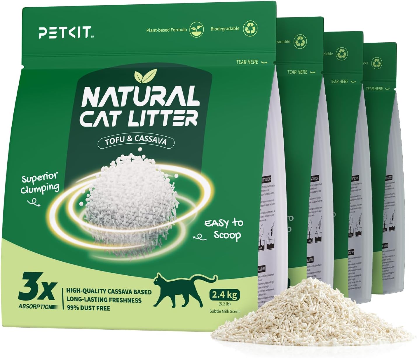 PETKIT 2025 New Plant Tofu Mixed Litter, Superior Clumping 100% Natural Ingredients Plant Cat Litter, Dust-Free and Low Tracking, Non-Sticky, Easy Scooping (5.2lb×4bags)