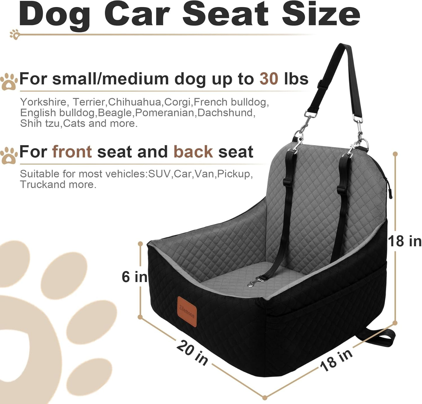 S1 Car Dog Seat with 2 Safety Leashes, Booster Seat for Small Dogs 0-28lbs, Pet Travel Safety Bed with Storage Pockets, Fully Detachable and Easy to Install (Black Outside, Grey Inside)