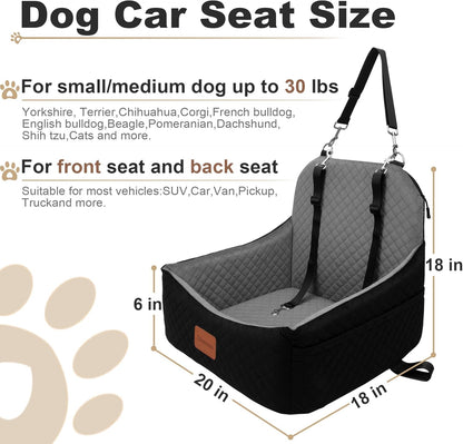 S1 Car Dog Seat with 2 Safety Leashes, Booster Seat for Small Dogs 0-28lbs, Pet Travel Safety Bed with Storage Pockets, Fully Detachable and Easy to Install (Black Outside, Grey Inside)