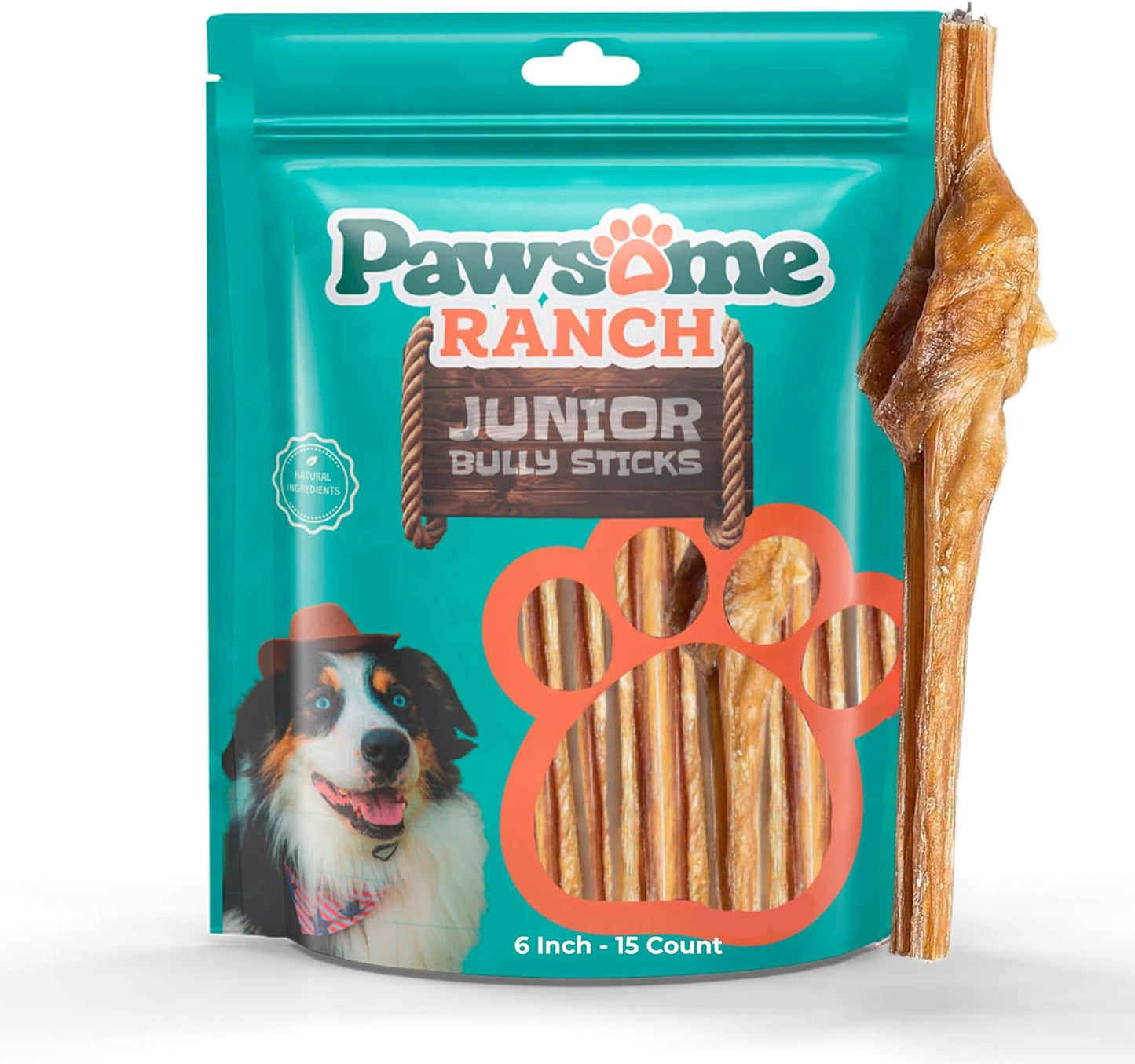 Junior Bully Sticks 6" Beef Bladder — 15 Count | Natural Single-Ingredient, Long-Lasting Dog Chews; Dental Support Treats for Pups and Small Dogs. Puppy Chew Sticks