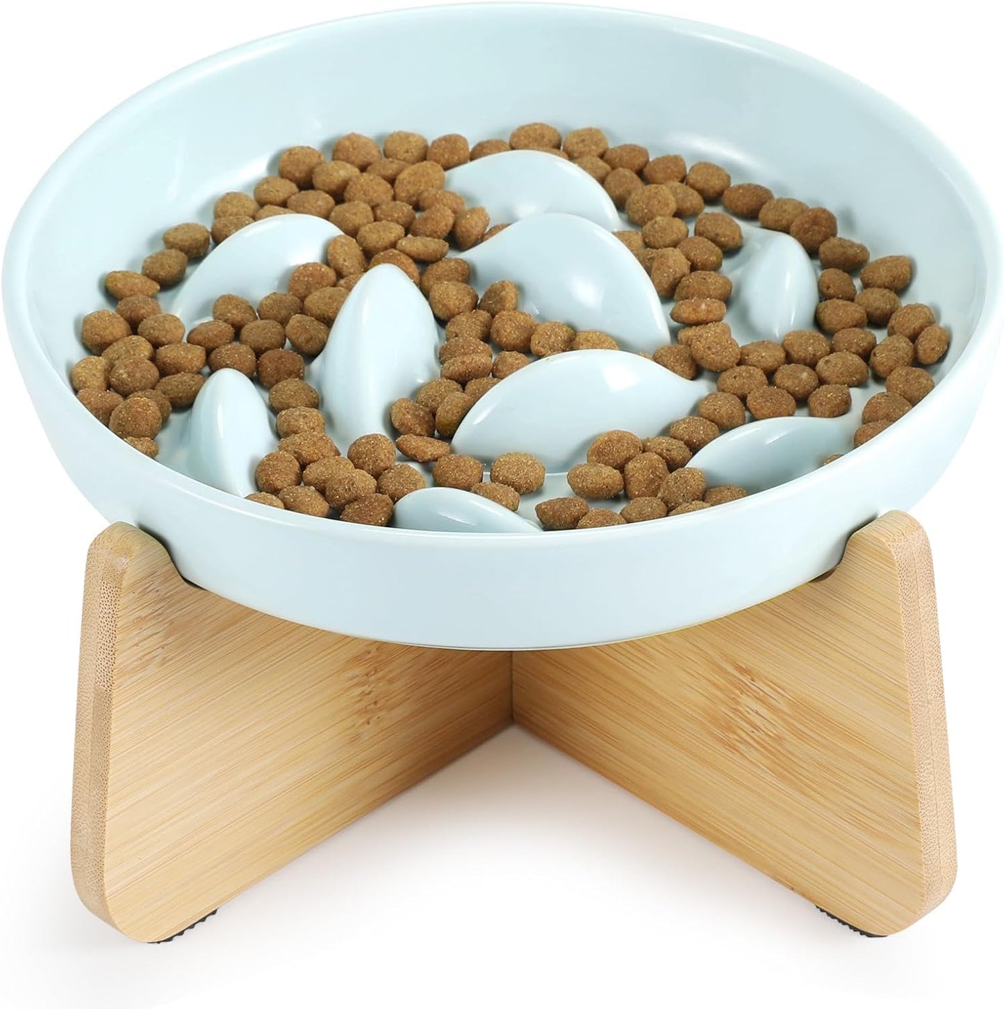 PETTOM Slow Feeder Cat Bowl with Stand, Ceramic Slow Eating Cat Bowl with Higher Edges Fish Pool Design Elevated Food Bowls for Dry and Wet Food Anti-Vomiting Puzzle Feeder for Healthy Eating Diet