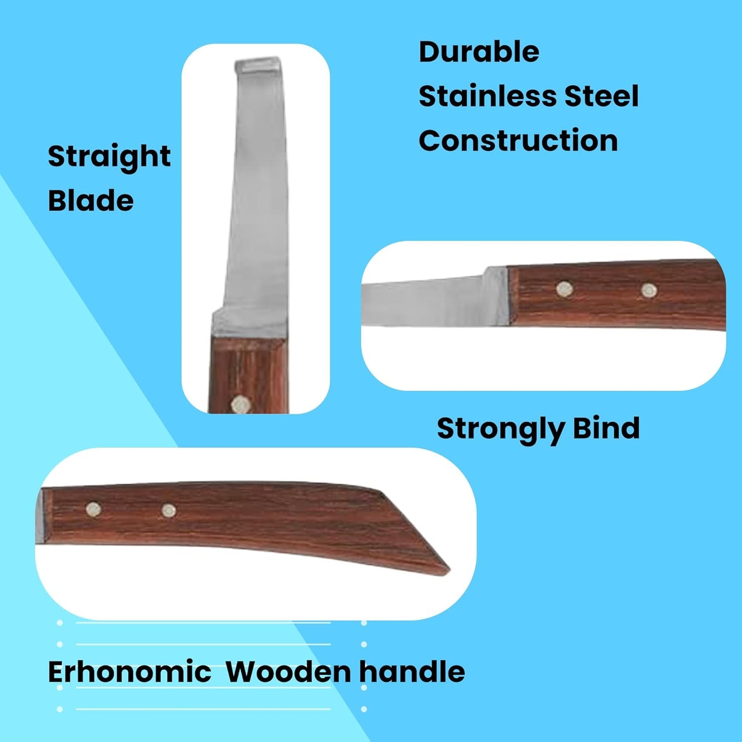 Hoof Knife Single Sided Edge Wide Straight Blade – Stainless Steel Straight Blade Farrier Tool with Wooden Handle, Multipurpose Hoof Trimming Knife for Livestock, 3-Inch Blade, 8.5-Inch Overall