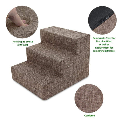Best Pet Supplies Dog Stairs for Small Dogs & Cats, Foam Pet Steps Portable Ramp for Couch Sofa and High Bed Non-Slip Balanced Indoor Step Support, Paw Safe No Assembly - Brown Linen, 3-Step