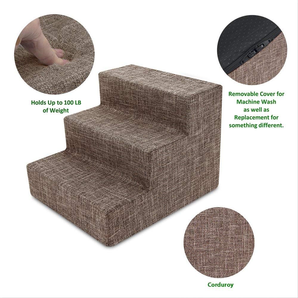 Best Pet Supplies Dog Stairs for Small Dogs & Cats, Foam Pet Steps Portable Ramp for Couch Sofa and High Bed Non-Slip Balanced Indoor Step Support, Paw Safe No Assembly - Brown Linen, 3-Step