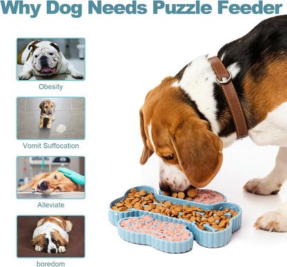 2 in 1 Slow Feeder Dog Bowls, Lick Mat for Dogs with Suction Cups, Dry and Wet Interactive Dog Puzzle Feeder Bowls for Anxiety Relief, Silicone Dogs Feeding Mat Pad Dish for Slow Down Eating