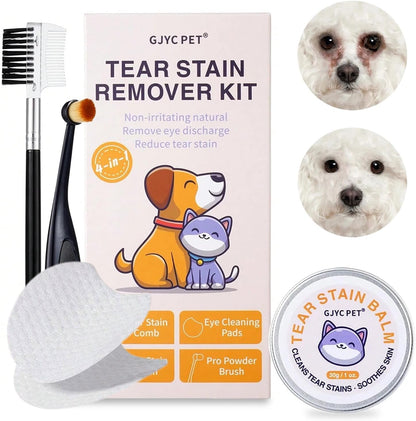 Eye Lube Plus Tear Stain Remover for Dogs and Cats – Upgraded 4 in 1 Eye Cleaning Care Set [New & Improved] with Balm, Comb, Brush & Cotton Pads – Gently Helps Clean & Reduce Stains