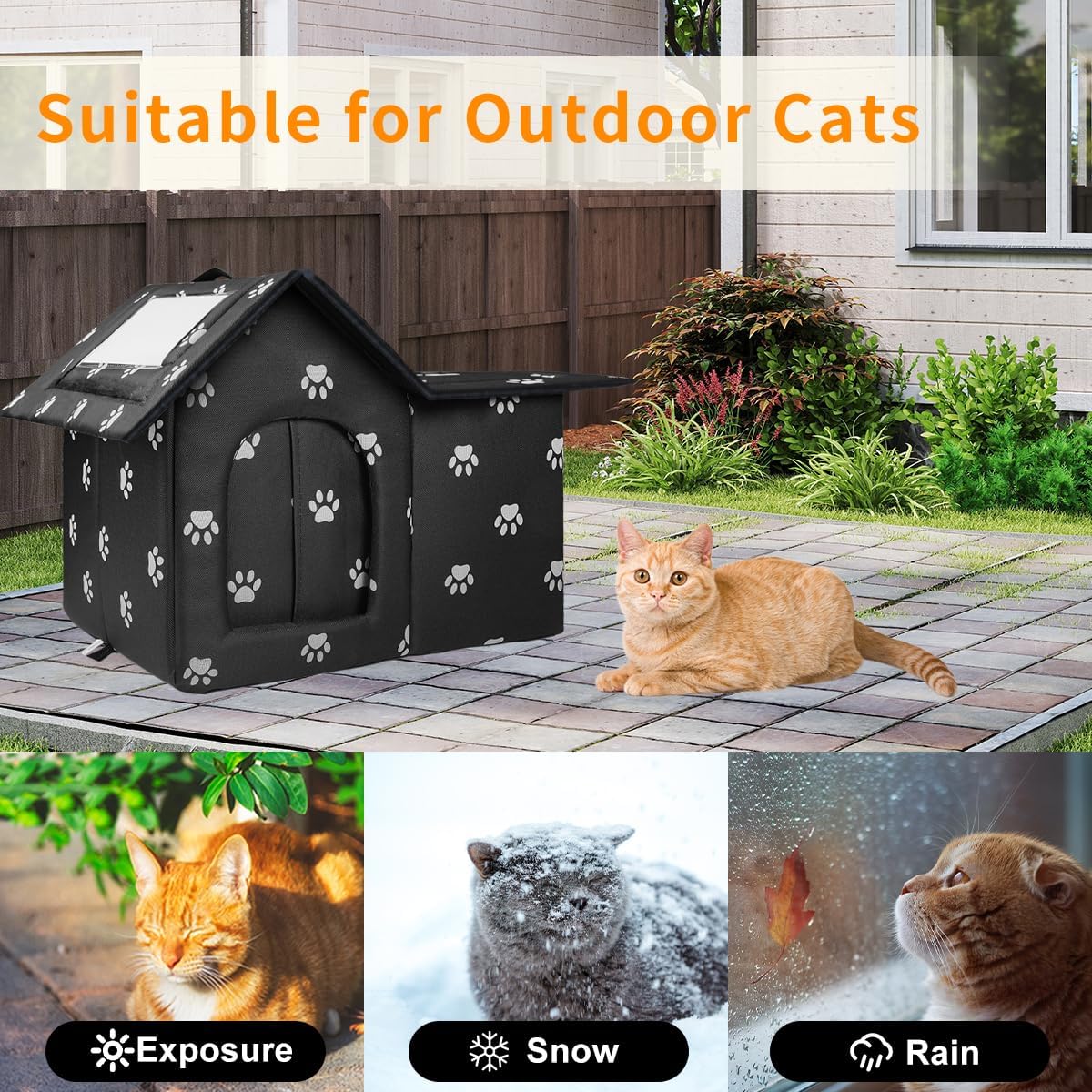 Large Outdoor Cat House Weatherproof, Houses for Outdoor Cats Feral, Collapsible Outside Cat House with Windproof Door, DIY Cardboard and Soft Mat, Insulated Stable Stray Cats Shelter in Winter