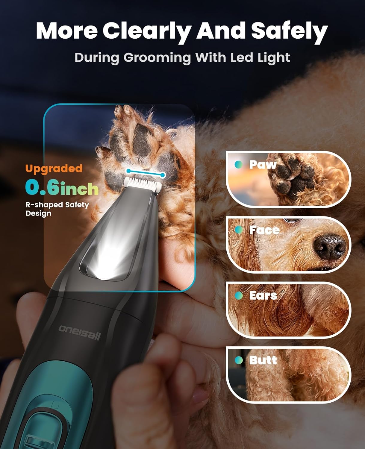 oneisall Professional Dog Grooming Kit at Home: All-in-One Quiet Clippers & Nail Grinder with LED Light, 2000mAh Cordless Dog Shaver, Safe Poodle Grooming Kit for Paws, Face, Ears & Body