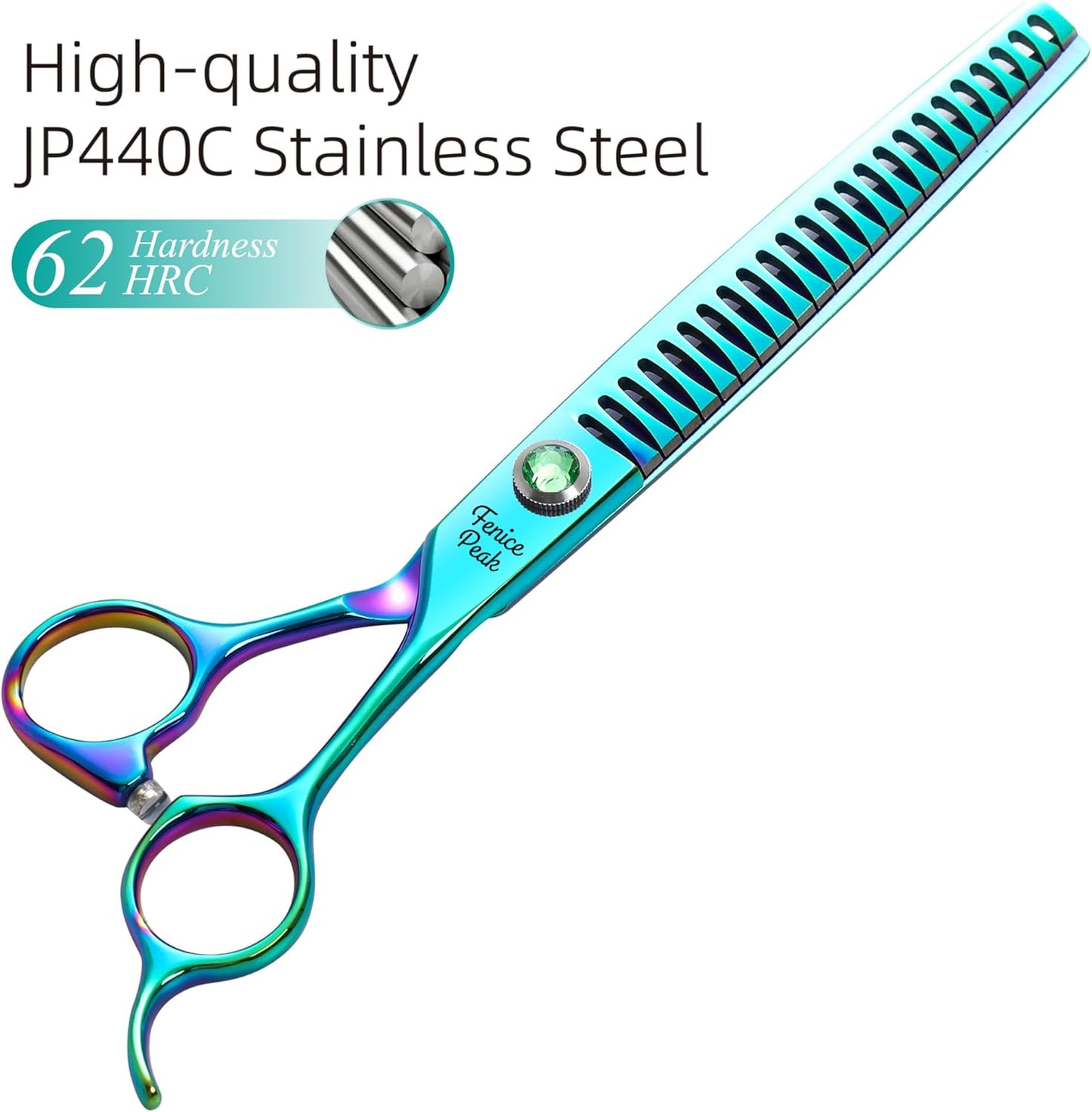 Fenice Peak 7.5'' Green Chunker Dog Grooming Scissors Pet Shears with Ergonomic Offest Handle and Simulated Emerald Screw 440C Grooming Scissors Trimming Shears Durable and Sharp