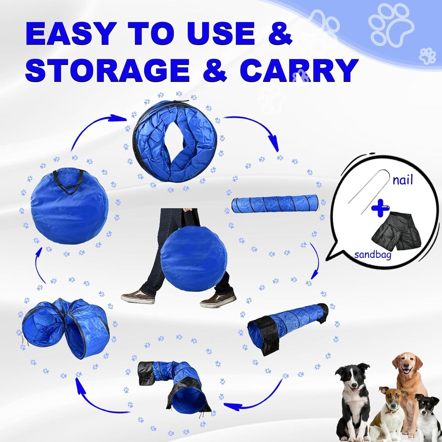 10 Foot Dog Agility Tunnel with Sandbags, 24 Inch Open Indoor Outdoor Dog Agility Training Equipment for Large Medium Small Dogs