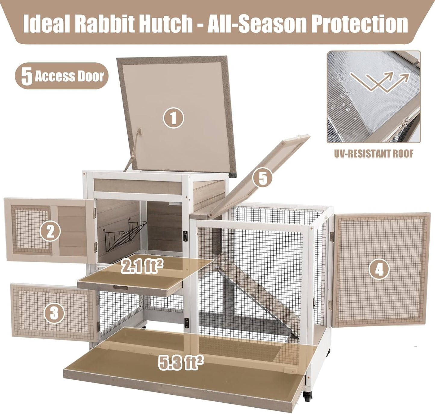 PetsCosset Rabbit Hutch Indoor 40" L Large 2 Story Outdoor Wooden Bunny Hutch with Run, 4 Metal Wheels & 2 Deeper Trays, UV-Proof Panel Rabbit Cage Guinea Pig Pet House for Small-Medium Animals
