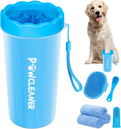 Professional 7 in 1 Dog Paw Cleaner for Dogs & Cats - Includes 1 Portable Paw Washer, 1 Bath Brush, 2 Dog Toothbrushes and 3 Absorbent Towels Note: Fits Paws 2.5 to 3.5 Inches Wide (Large, Blue)