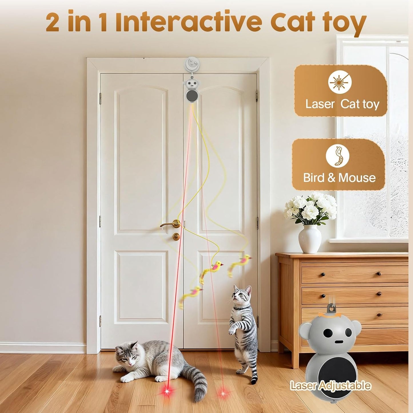 Interactive Cat Toys for Indoor Cats: 2 in 1 Laser Pointer Cat Toy with Automatic Flying Bird & Mouse Wand, Smart Motion Mode Adjustable Speed, USB Rechargeable Safe for Bored Kittens and Adult Cats
