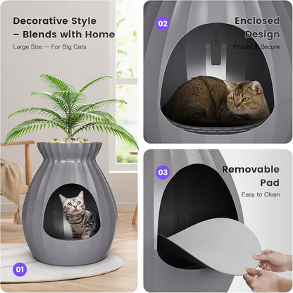 Plant Cat Bed for Indoor Cats – Extra Large Enclosed Cat Cave House with Replaceable Pad, Cozy All-Season Decorative Furniture for Big Cats