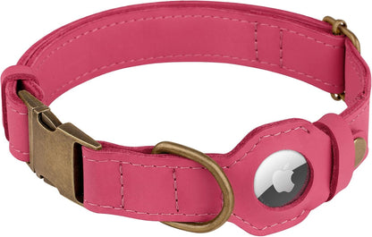 AirTag Dog Collar - Genuine Leather Dog Collar with Apple AirTag Holder and Metal Buckle - Smart GPS Tracking Pet Collars (Pink, L, 17"-21" Neck Fit)