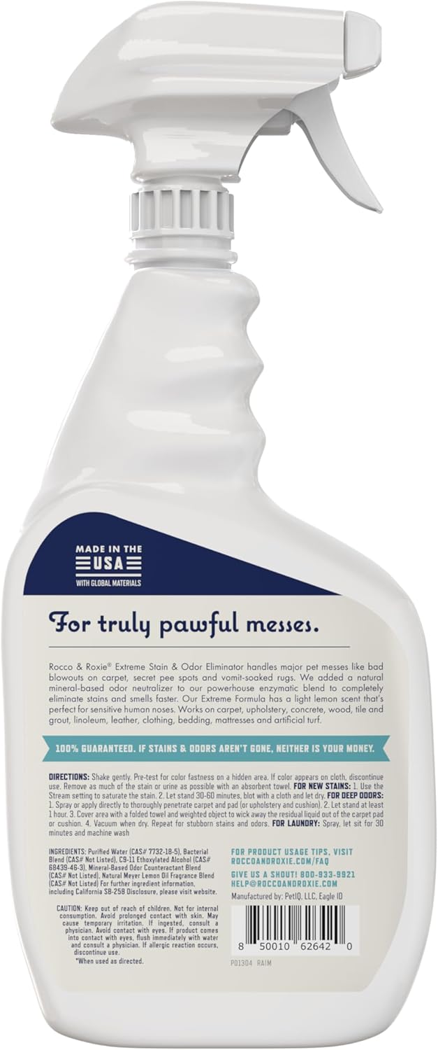 Rocco & Roxie Extreme Stain & Odor Eliminator for Strong Odor, Pet Urine Enzyme Cleaner Destroyer, Stain Remover, Dog Poop and Cat Pee, Enzymatic Carpet Cleaner Spray for Home, Puppy Potty Training