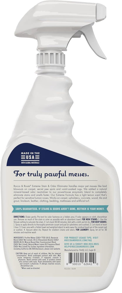 Rocco & Roxie Extreme Stain & Odor Eliminator for Strong Odor, Pet Urine Enzyme Cleaner Destroyer, Stain Remover, Dog Poop and Cat Pee, Enzymatic Carpet Cleaner Spray for Home, Puppy Potty Training