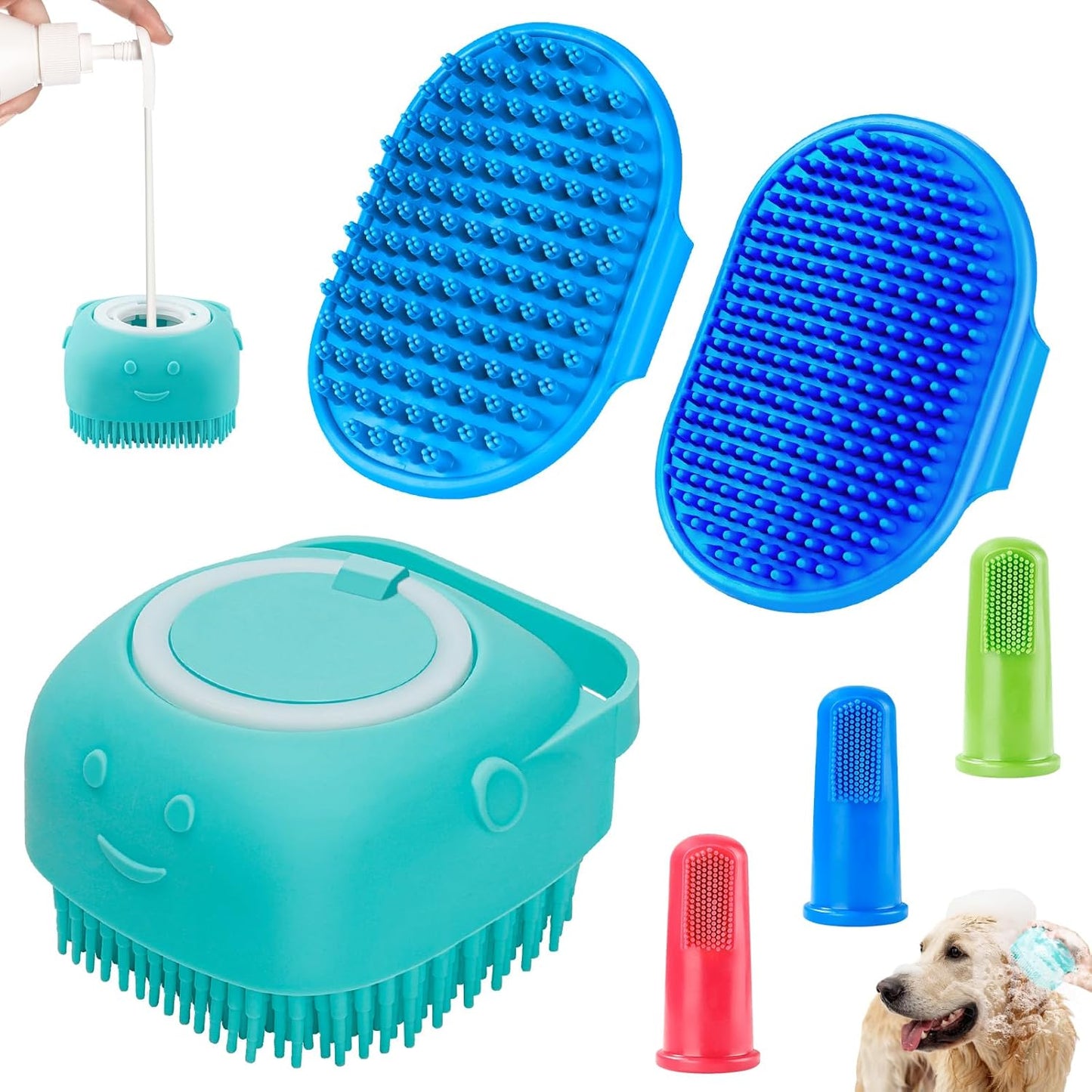 Comotech 6PCS Dog Bath Brush & Dog Toothbrush | Adjustable Handle Shampoo Brush & Scrubber for Short & Long Haired Dogs & Cats | Effectively Solve Odor & Stain Removal Problems (Blue Blue Blue.)