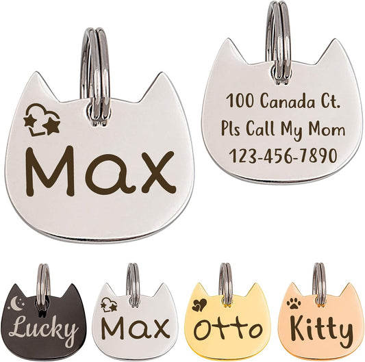 Anavia Cat Head & Fish Shape Pet ID Tags, Personalized Funny Icon Design Cat Name Tag, Customized Gold Plated Glossy Stainless Steel Black Rainbow Cat Dog Collar Tag (Small, Cat Head Shape, Silver)