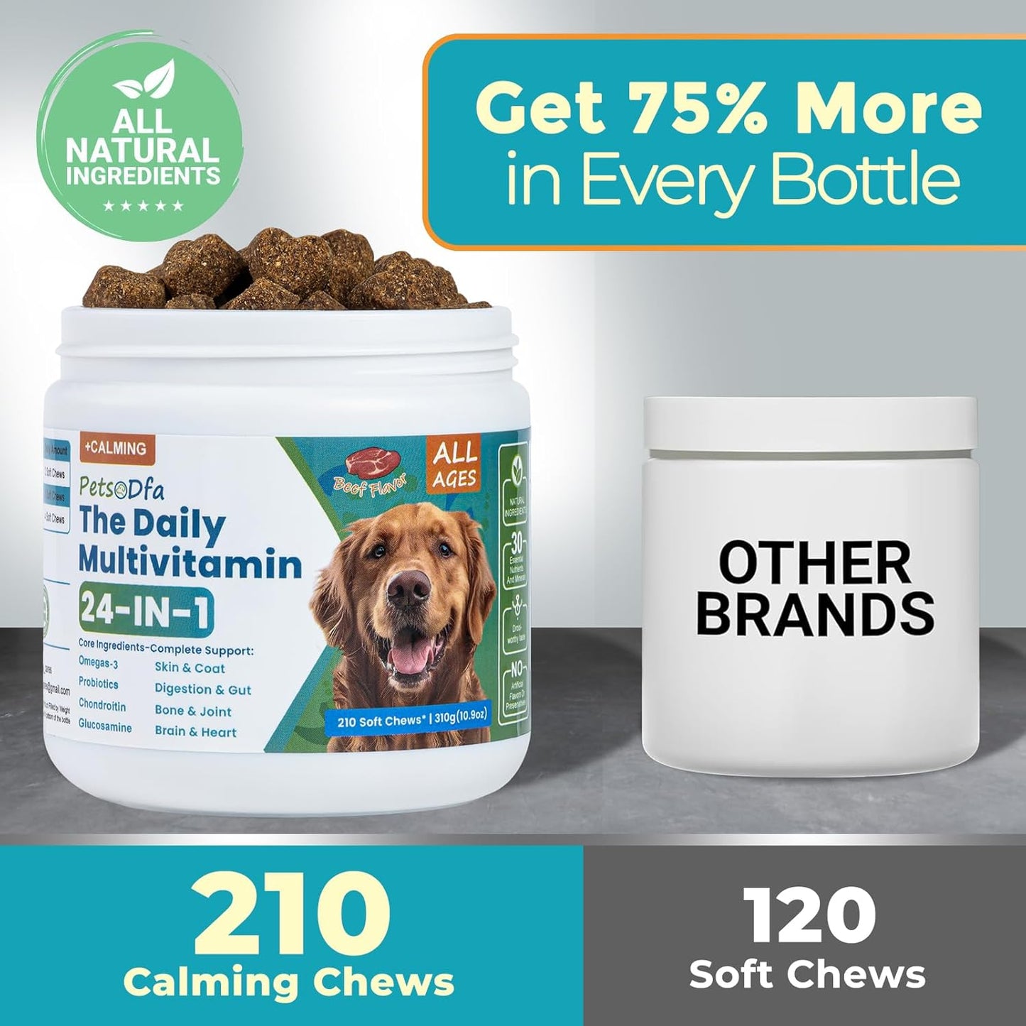 24-in-1 Dog Multivitamin Supplement with Gifted Chew Bone & Pet Comb, 210 Calming Chews, Dog Vitamins with Chondroitin & Probiotics, Hip & Joint, Immune Support, Beef Flavor
